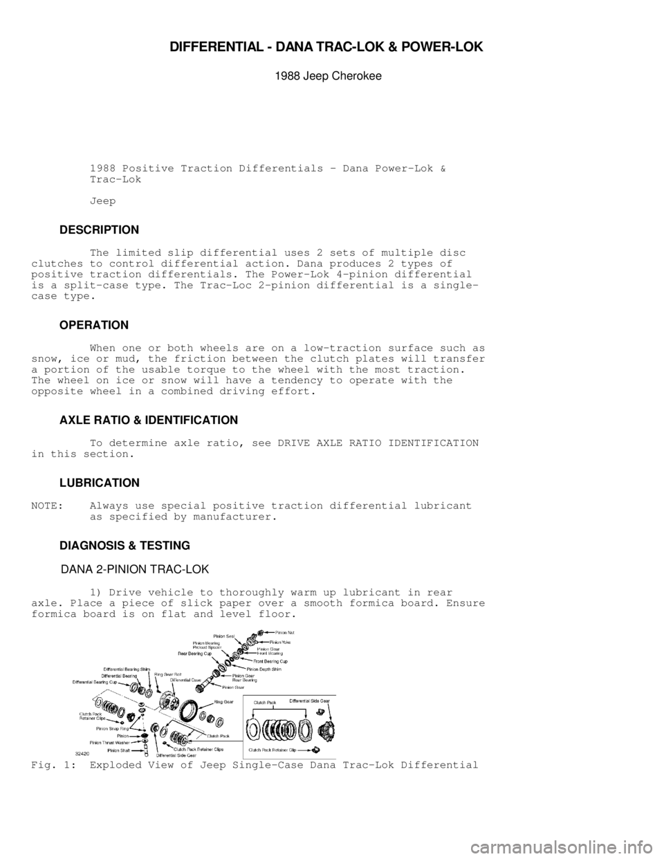 JEEP CHEROKEE 1988  Service Repair Manual \003
DIF FE R EN TIA L -  D AN A T R AC -L O K &  P O W ER -L O K 

1988 J e ep C hero ke e
          1988 Positive Traction Differentials - Dana Power-Lok &
         Trac-Lok
          Jeep
        