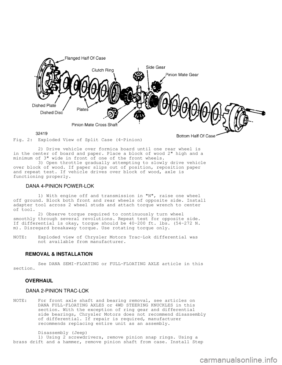 JEEP CHEROKEE 1988  Service Repair Manual Fig. 2:  Exploded View of Split Case (4-Pinion)
         2) Drive vehicle over formica board until one rear wheel is
in the center of board and paper. Place a block of wood 2" high and a
minimum of 3"