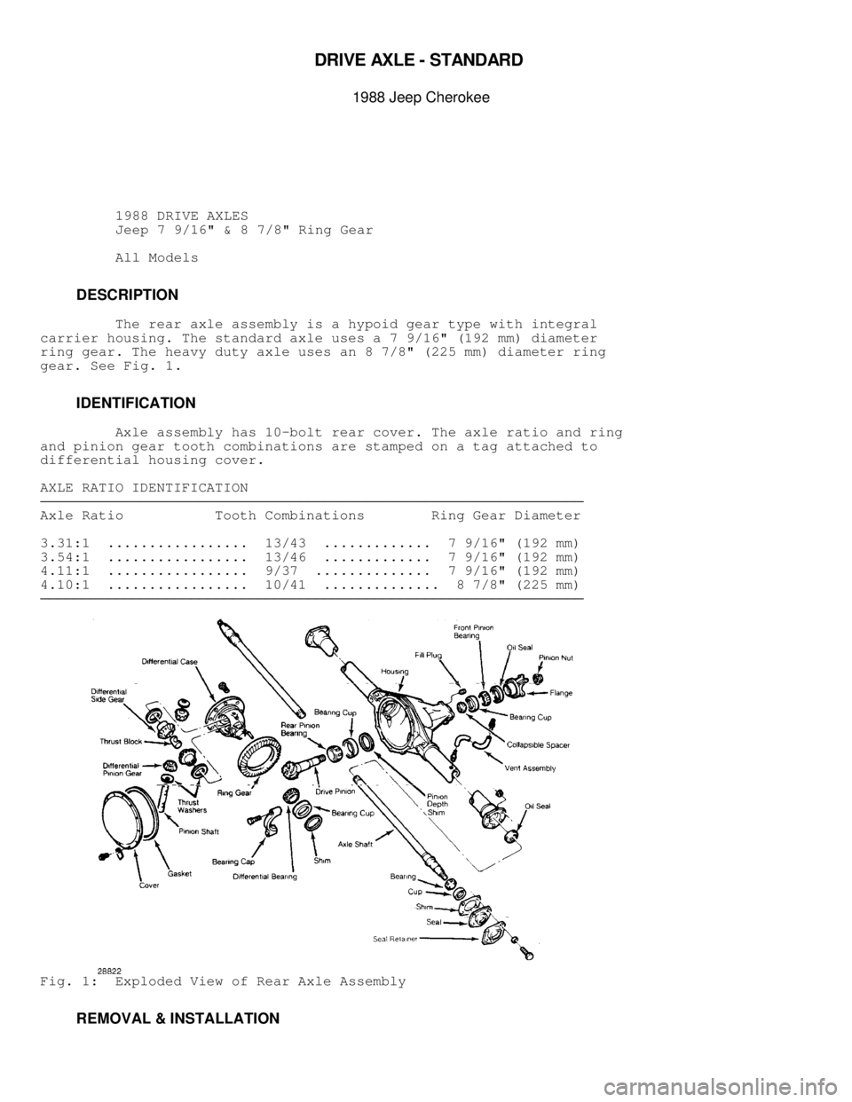JEEP CHEROKEE 1988  Service Repair Manual \003
DRIV E A XLE  -  S TA N DAR D 

1988 J e ep C hero ke e
          1988 DRIVE AXLES
          Jeep 7 9/16" & 8 7/8" Ring Gear
          All Models
         DESCRIPTION
         The rear axle asse
