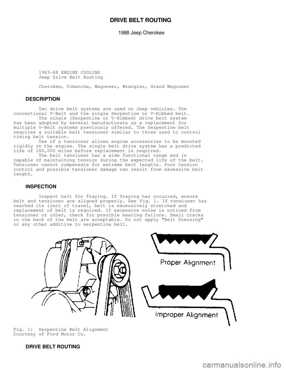 JEEP CHEROKEE 1988  Service Repair Manual DRIV E B ELT R O UTIN G  

1988 J e ep C hero ke e
          1983-88 ENGINE COOLING
          Jeep Drive Belt Routing
          Cherokee, Comanche, Wagoneer, Wrangler, Grand Wagoneer
         DESCRIP