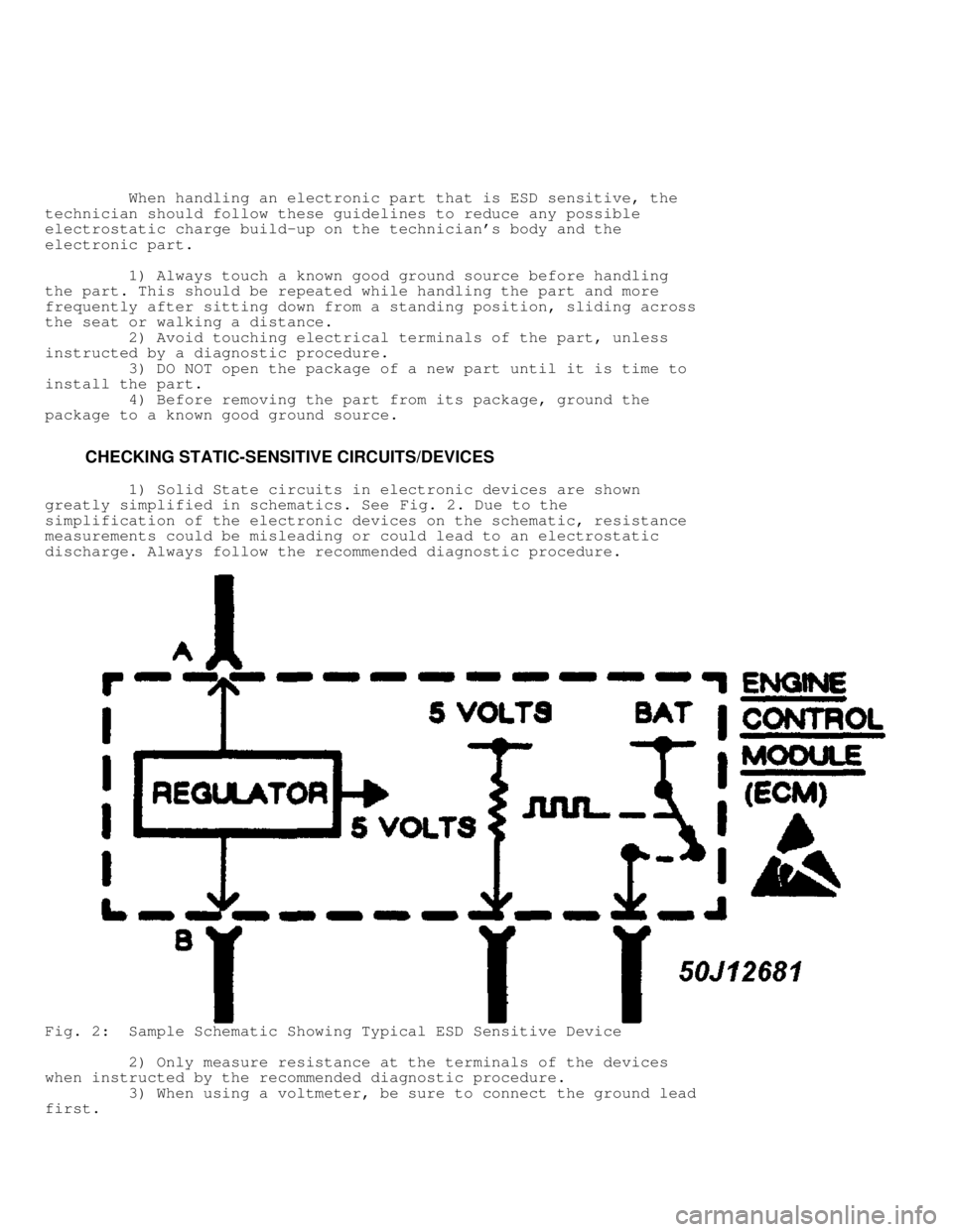 JEEP CHEROKEE 1988  Service Repair Manual          When handling an electronic part that is ESD sensitive, the
technician should follow these guidelines to reduce any possible
electrostatic charge build-up on the technicians body and the
ele