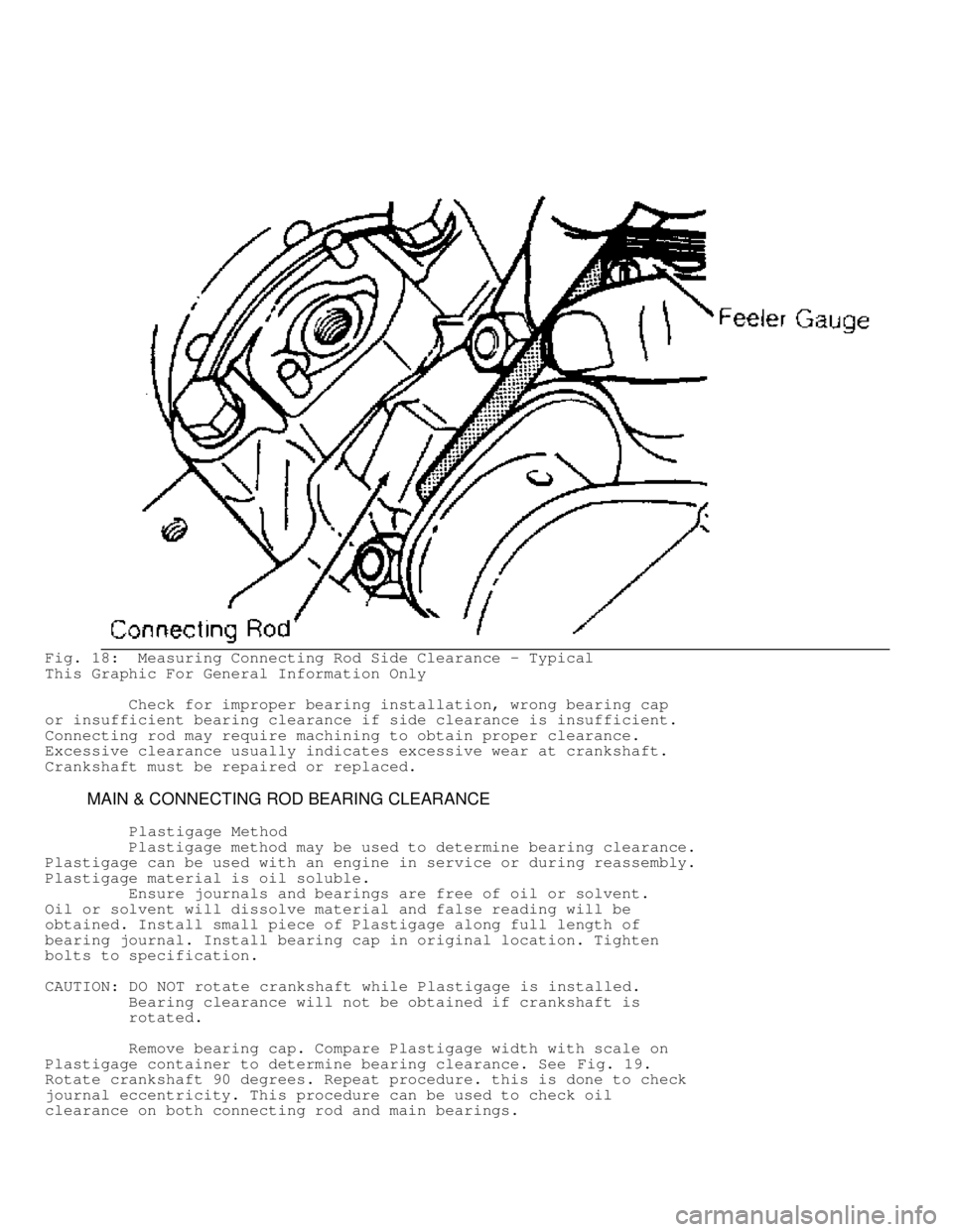 JEEP CHEROKEE 1988  Service Repair Manual Fig. 18:  Measuring Connecting Rod Side Clearance - Typical
This Graphic For General Information Only
         Check for improper bearing installation, wrong bearing cap
or insufficient bearing cleara