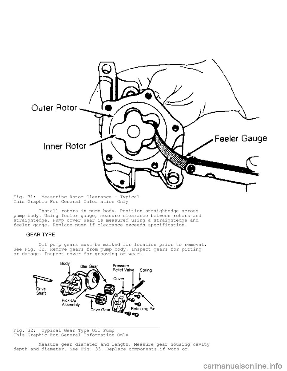 JEEP CHEROKEE 1988  Service Repair Manual Fig. 31:  Measuring Rotor Clearance - Typical
This Graphic For General Information Only
         Install rotors in pump body. Position straightedge across
pump body. Using feeler gauge, measure cleara
