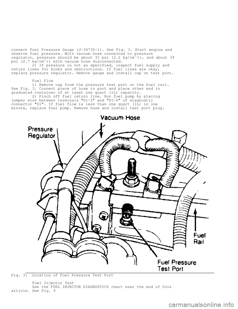 JEEP CHEROKEE 1988  Service Manual PDF connect Fuel Pressure Gauge (J-34730-1). See Fig. 3. Start engine and
observe fuel pressure. With vacuum hose connected to pressure
regulator, pressure should be about 31 psi (2.2 kg/cm
�)), and about
