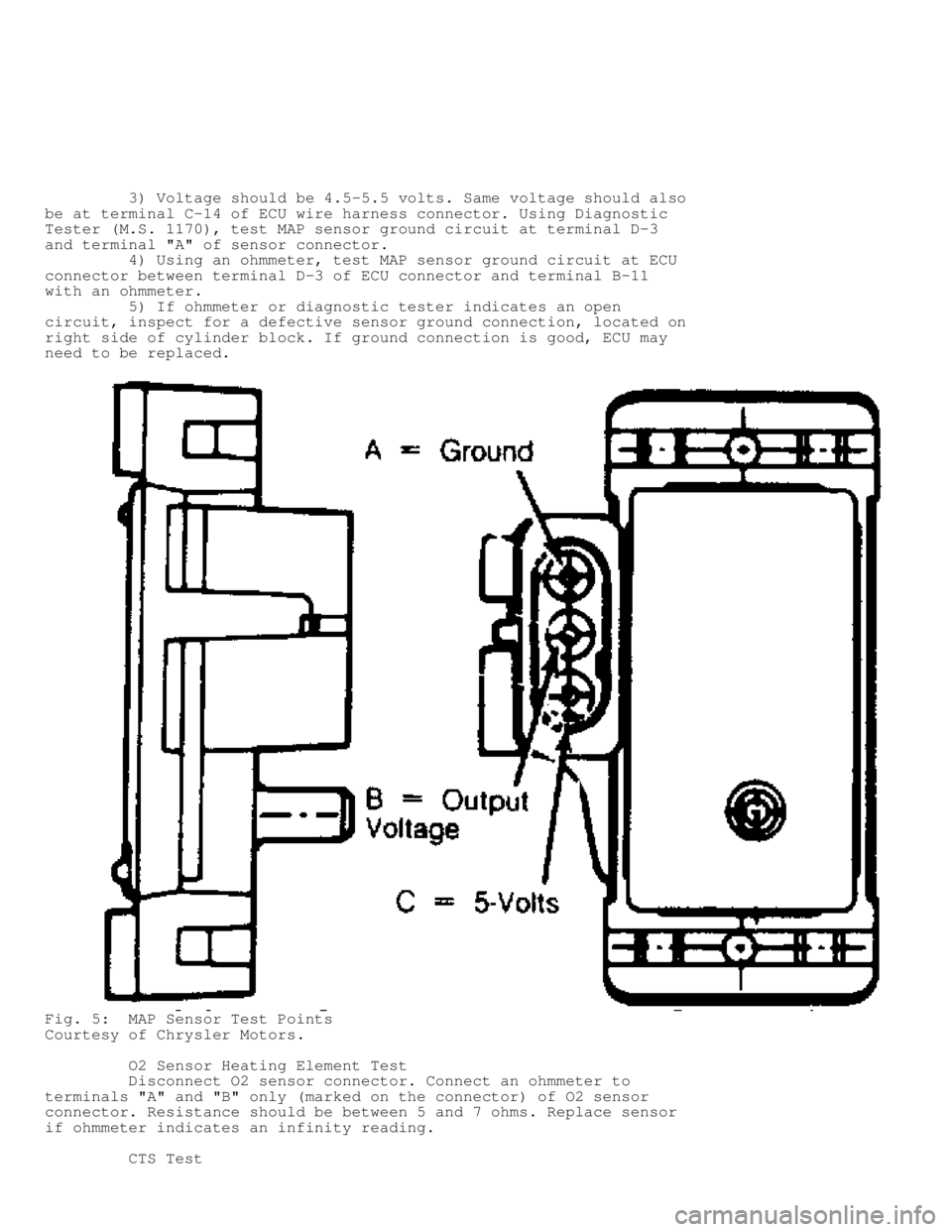 JEEP CHEROKEE 1988  Service Repair Manual          3) Voltage should be 4.5-5.5 volts. Same voltage should also
be at terminal C-14 of ECU wire harness connector. Using Diagnostic
Tester (M.S. 1170), test MAP sensor ground circuit at terminal