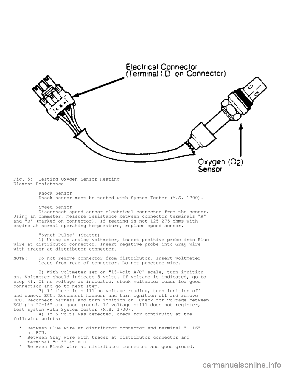 JEEP CHEROKEE 1988  Service Manual Online Fig. 5:  Testing Oxygen Sensor Heating
Element Resistance
         Knock Sensor
         Knock sensor must be tested with System Tester (M.S. 1700).
          Speed Sensor
         Disconnect speed se