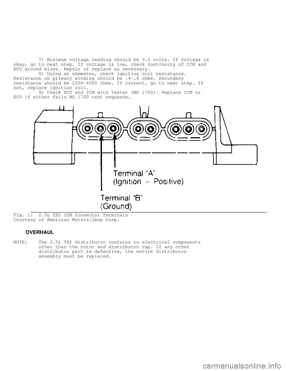 JEEP CHEROKEE 1988  Service Repair Manual          7) Minimum voltage reading should be 9.5 volts. If voltage is
okay, go to next step. If voltage is low, check continuity of ICM and
ECU ground wires. Repair or replace as necessary.
         