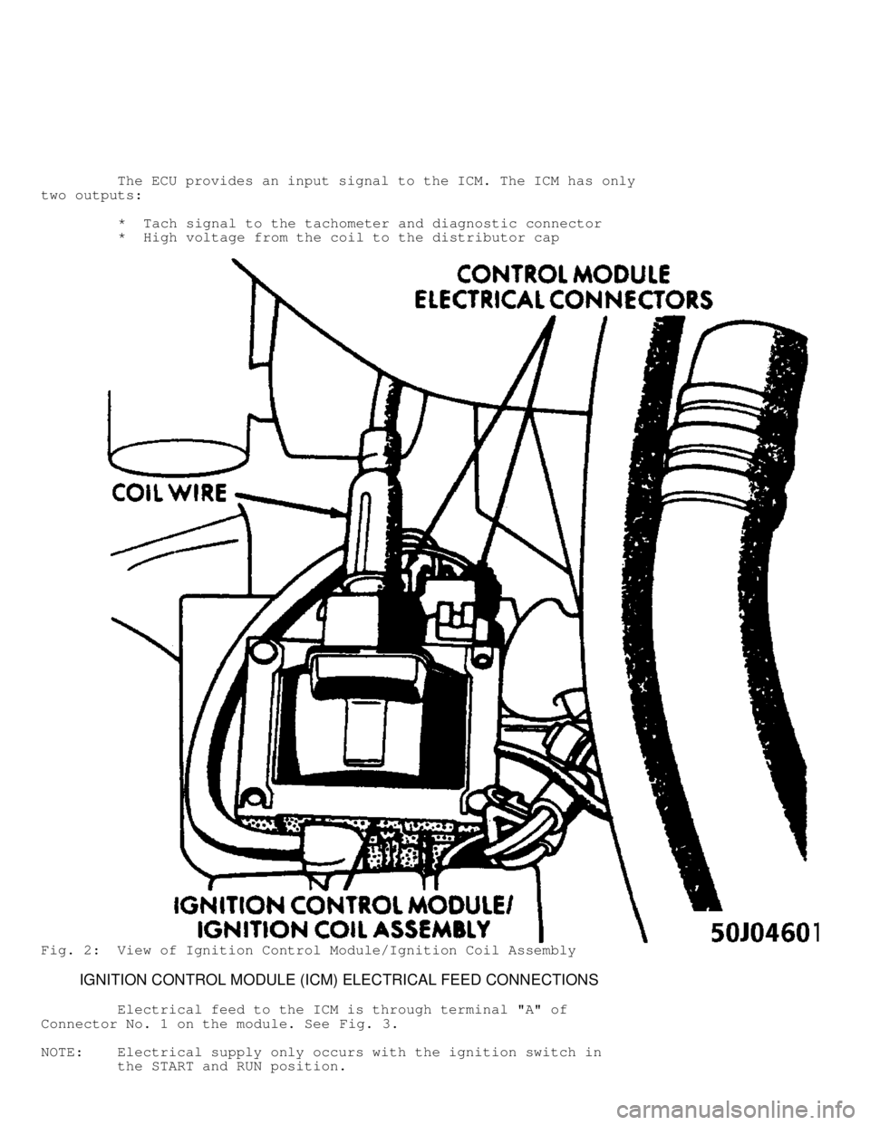 JEEP CHEROKEE 1988  Service Repair Manual          The ECU provides an input signal to the ICM. The ICM has only
two outputs:
         *  Tach signal to the tachometer and diagnostic connector
          *  High voltage from the coil to the di