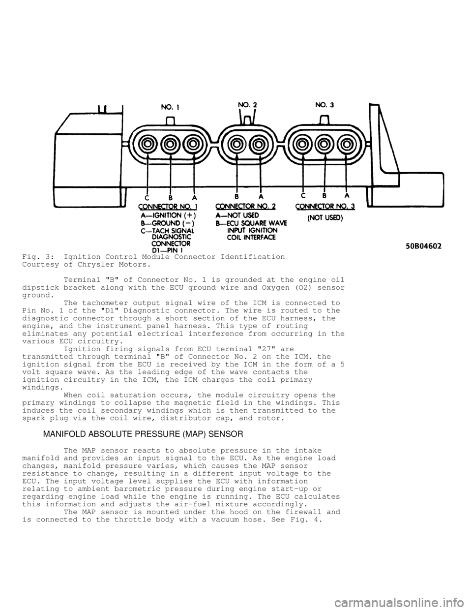 JEEP CHEROKEE 1988 Service Repair Manual Fig. 3: Ignition Control Module Connector Identification
Courtesy of Chrysler Motors.
Terminal "B" of Connector No. 1 is grounded at the engine oil
dipstick bracket along with the ECU ground JEEP CHEROKEE 1988 Service Repair Manual Fig. 3: Ignition Control Module Connector Identification
Courtesy of Chrysler Motors.
Terminal "B" of Connector No. 1 is grounded at the engine oil
dipstick bracket along with the ECU ground
