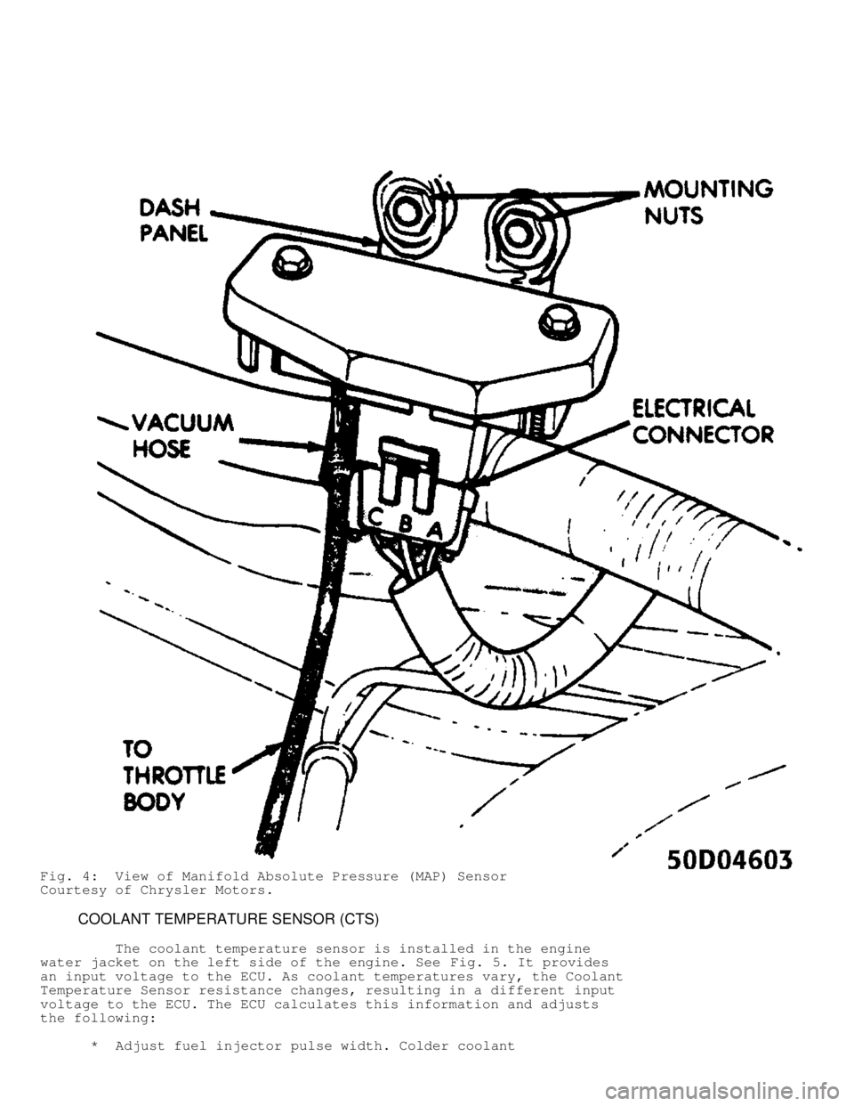 JEEP CHEROKEE 1988 Service Repair Manual Fig. 4: View of Manifold Absolute Pressure (MAP) Sensor
Courtesy of Chrysler Motors.
COOLANT TEMPERATURE SENSOR (CTS)
The coolant temperature sensor is installed in the engine
water JEEP CHEROKEE 1988 Service Repair Manual Fig. 4: View of Manifold Absolute Pressure (MAP) Sensor
Courtesy of Chrysler Motors.
COOLANT TEMPERATURE SENSOR (CTS)
The coolant temperature sensor is installed in the engine
water