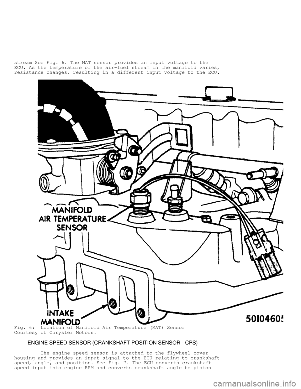 JEEP CHEROKEE 1988 Service Repair Manual stream See Fig. 6. The MAT sensor provides an input voltage to the
ECU. As the temperature of the air-fuel stream in the manifold varies,
resistance changes, resulting in a different input voltage to JEEP CHEROKEE 1988 Service Repair Manual stream See Fig. 6. The MAT sensor provides an input voltage to the
ECU. As the temperature of the air-fuel stream in the manifold varies,
resistance changes, resulting in a different input voltage to
