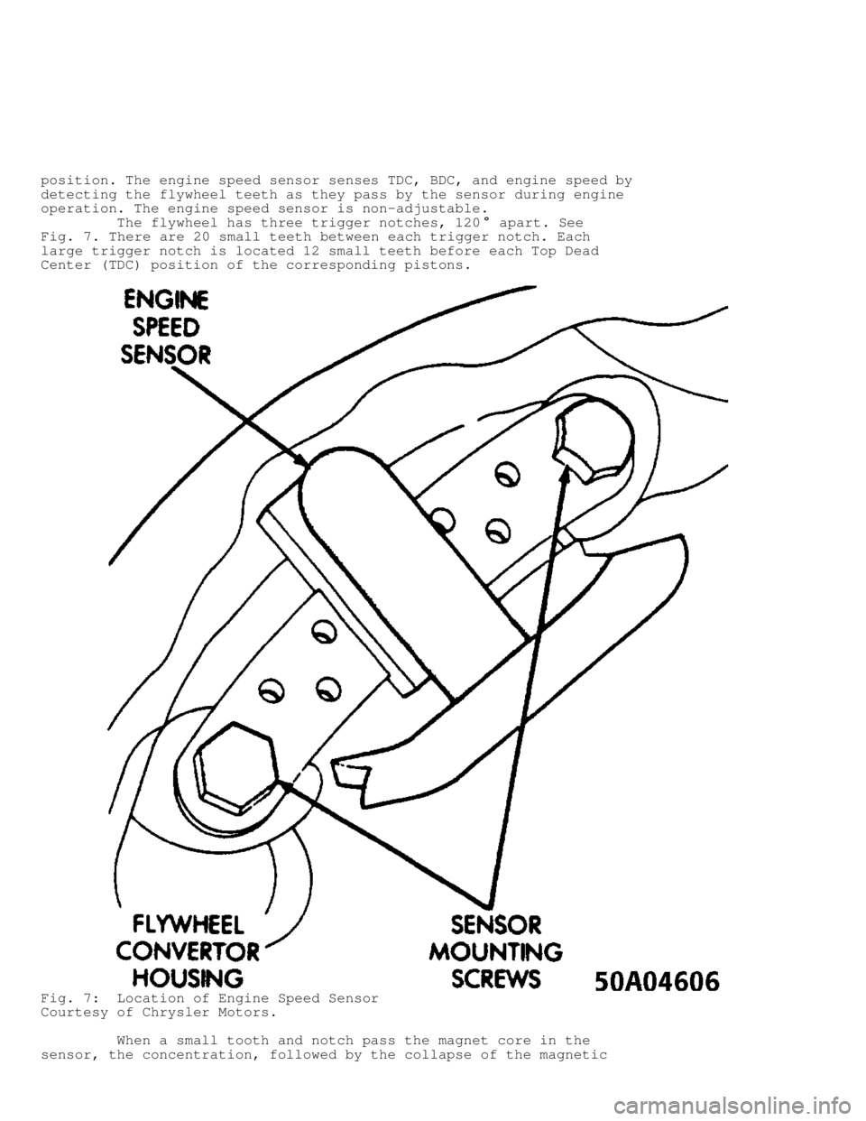 JEEP CHEROKEE 1988 Service Repair Manual position. The engine speed sensor senses TDC, BDC, and engine speed by
detecting the flywheel teeth as they pass by the sensor during engine
operation. The engine speed sensor is non-adjustable.
JEEP CHEROKEE 1988 Service Repair Manual position. The engine speed sensor senses TDC, BDC, and engine speed by
detecting the flywheel teeth as they pass by the sensor during engine
operation. The engine speed sensor is non-adjustable.