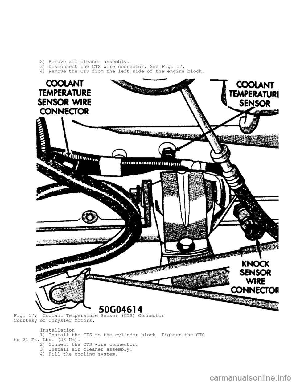 JEEP CHEROKEE 1988  Service Repair Manual          2) Remove air cleaner assembly.
         3) Disconnect the CTS wire connector. See Fig. 17.
         4) Remove the CTS from the left side of the engine block.
Fig. 17:  Coolant Temperature Se