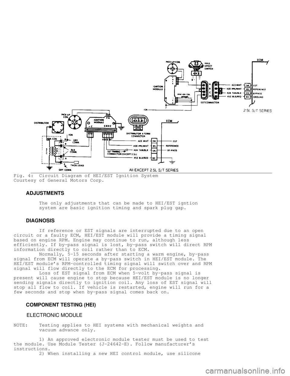 JEEP CHEROKEE 1988 Service Repair Manual Fig. 4: Circuit Diagram of HEI/EST Ignition System
Courtesy of General Motors Corp.
ADJUSTMENTS
The only adjustments that can be made to HEI/EST igntion
system are basic ig JEEP CHEROKEE 1988 Service Repair Manual Fig. 4: Circuit Diagram of HEI/EST Ignition System
Courtesy of General Motors Corp.
ADJUSTMENTS
The only adjustments that can be made to HEI/EST igntion
system are basic ig