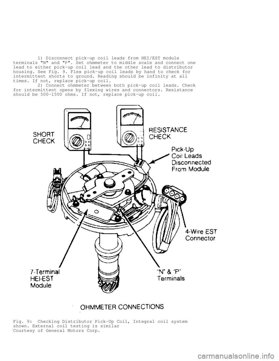 JEEP CHEROKEE 1988 Service Repair Manual 1) Disconnect pick-up coil leads from HEI/EST module
terminals "N" and "P". Set ohmmeter to middle scale and connect one
lead to either pick-up coil lead and the other lead to distributor
hou JEEP CHEROKEE 1988 Service Repair Manual 1) Disconnect pick-up coil leads from HEI/EST module
terminals "N" and "P". Set ohmmeter to middle scale and connect one
lead to either pick-up coil lead and the other lead to distributor
hou