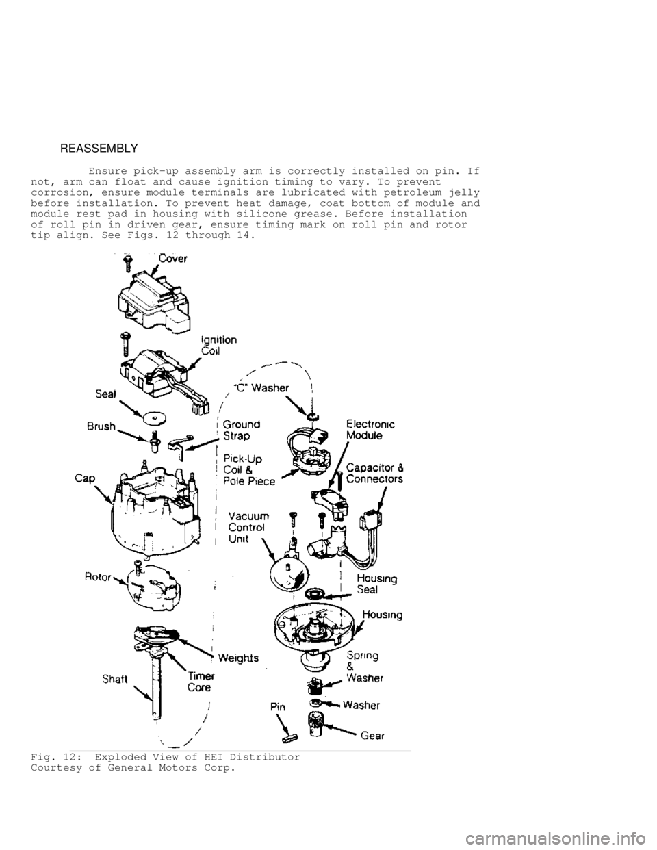 JEEP CHEROKEE 1988  Service Repair Manual          REASSEMBLY
         Ensure pick-up assembly arm is correctly installed on pin. If
not, arm can float and cause ignition timing to vary. To prevent
corrosion, ensure module terminals are lubri