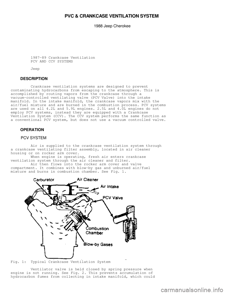 JEEP CHEROKEE 1988  Service Repair Manual PVC  &  C RAN KCASE V EN TIL A TIO N S YSTE M  

1988 J e ep C hero ke e
          1987-89 Crankcase Ventilation
          PCV AND CCV SYSTEMS
          Jeep
         DESCRIPTION
         Crankcase v