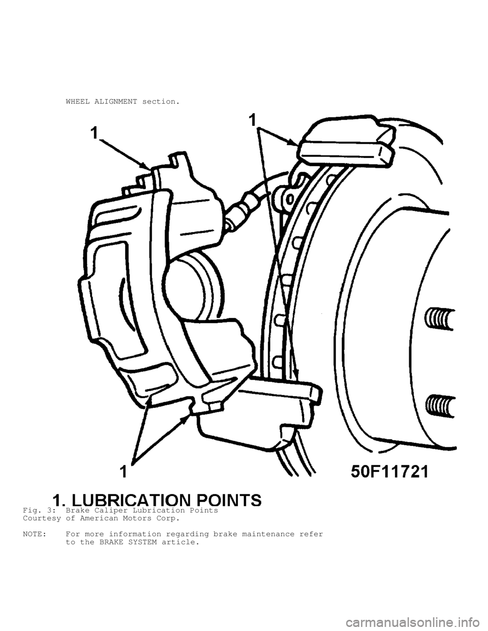 JEEP CHEROKEE 1988  Service Repair Manual          WHEEL ALIGNMENT section.
Fig. 3:  Brake Caliper Lubrication Points
Courtesy of American Motors Corp.
NOTE:    For more information regarding brake maintenance refer
         to the BRAKE SYST