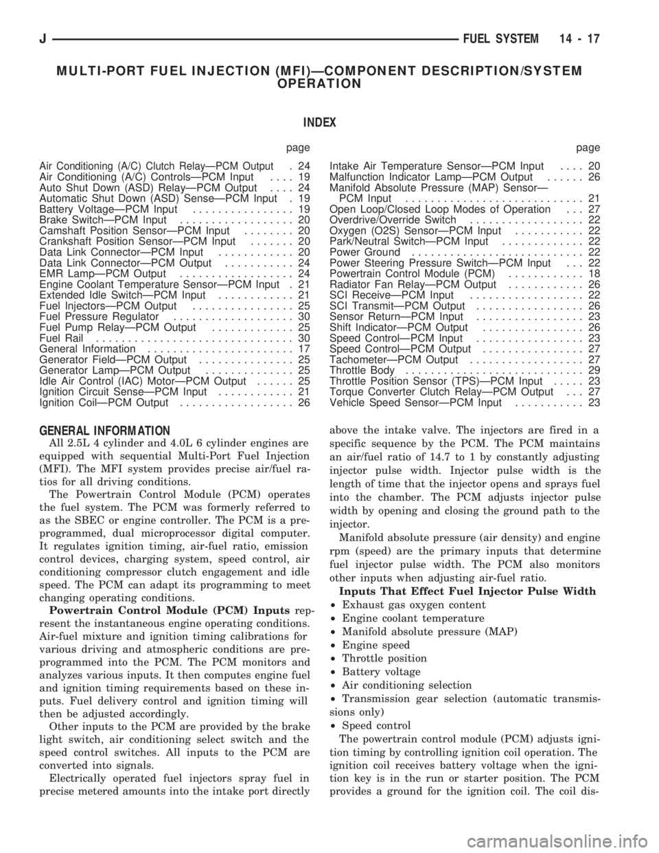 JEEP CHEROKEE 1994  Service Repair Manual MULTI-PORT FUEL INJECTION (MFI)ÐCOMPONENT DESCRIPTION/SYSTEM
OPERATION
INDEX
page page
Air Conditioning (A/C) Clutch RelayÐPCM Output.24
Air Conditioning (A/C) ControlsÐPCM Input.... 19
Auto Shut D