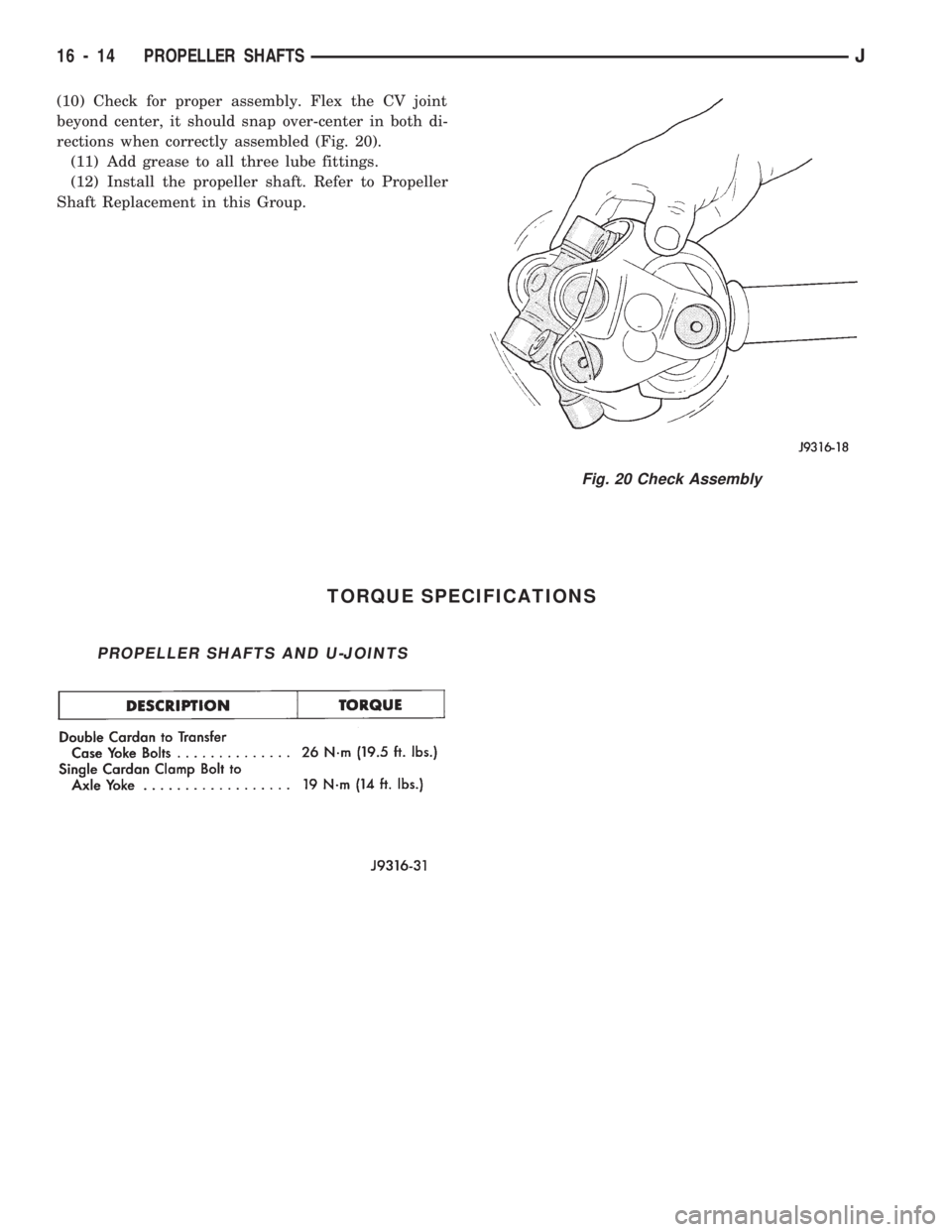 JEEP CHEROKEE 1994  Service Repair Manual (10) Check for proper assembly. Flex the CV joint
beyond center, it should snap over-center in both di-
rections when correctly assembled (Fig. 20).
(11) Add grease to all three lube fittings.
(12) In