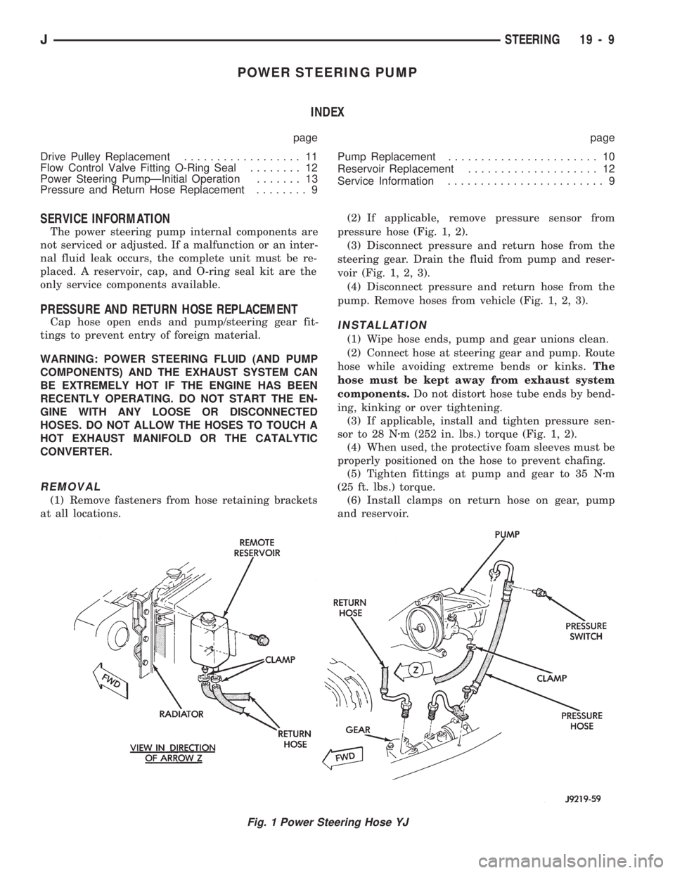 JEEP CHEROKEE 1994  Service Repair Manual POWER STEERING PUMP
INDEX
page page
Drive Pulley Replacement.................. 11
Flow Control Valve Fitting O-Ring Seal........ 12
Power Steering PumpÐInitial Operation....... 13
Pressure and Return