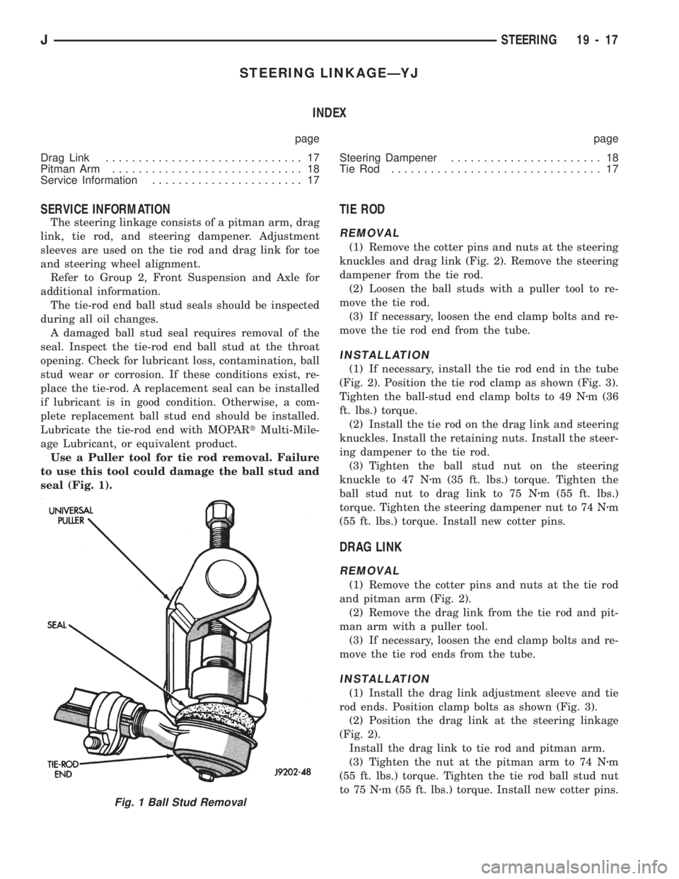 JEEP CHEROKEE 1994  Service Repair Manual STEERING LINKAGEÐYJ
INDEX
page page
Drag Link.............................. 17
Pitman Arm............................. 18
Service Information....................... 17Steering Dampener...............