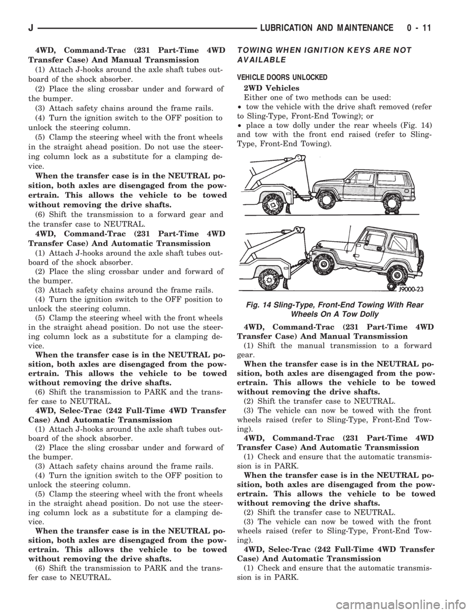 JEEP CHEROKEE 1994 Service User Guide 4WD, Command-Trac (231 Part-Time 4WD
Transfer Case) And Manual Transmission
(1) Attach J-hooks around the axle shaft tubes out-
board of the shock absorber.
(2) Place the sling crossbar under and forw JEEP CHEROKEE 1994 Service User Guide 4WD, Command-Trac (231 Part-Time 4WD
Transfer Case) And Manual Transmission
(1) Attach J-hooks around the axle shaft tubes out-
board of the shock absorber.
(2) Place the sling crossbar under and forw