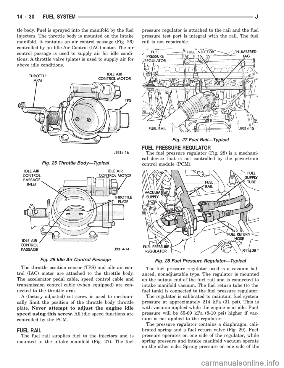 JEEP CHEROKEE 1994 Service Repair Manual tle body. Fuel is sprayed into the manifold by the fuel
injectors. The throttle body is mounted on the intake
manifold. It contains an air control passage (Fig. 26)
controlled by an Idle Air Control ( JEEP CHEROKEE 1994 Service Repair Manual tle body. Fuel is sprayed into the manifold by the fuel
injectors. The throttle body is mounted on the intake
manifold. It contains an air control passage (Fig. 26)
controlled by an Idle Air Control (