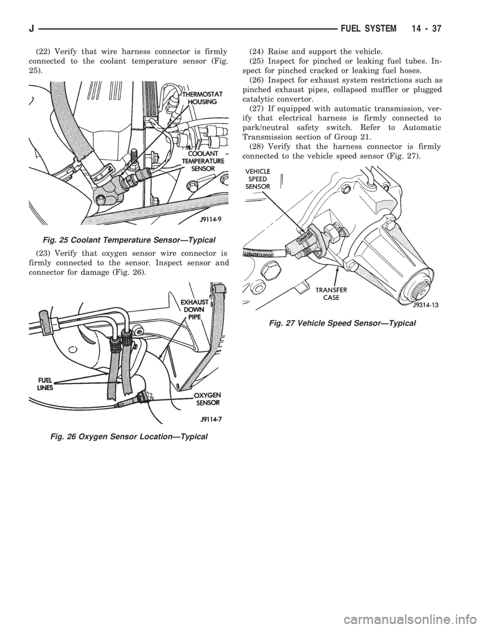 JEEP CHEROKEE 1994 Service Repair Manual (22) Verify that wire harness connector is firmly
connected to the coolant temperature sensor (Fig.
25).
(23) Verify that oxygen sensor wire connector is
firmly connected to the sensor. Inspect sensor JEEP CHEROKEE 1994 Service Repair Manual (22) Verify that wire harness connector is firmly
connected to the coolant temperature sensor (Fig.
25).
(23) Verify that oxygen sensor wire connector is
firmly connected to the sensor. Inspect sensor