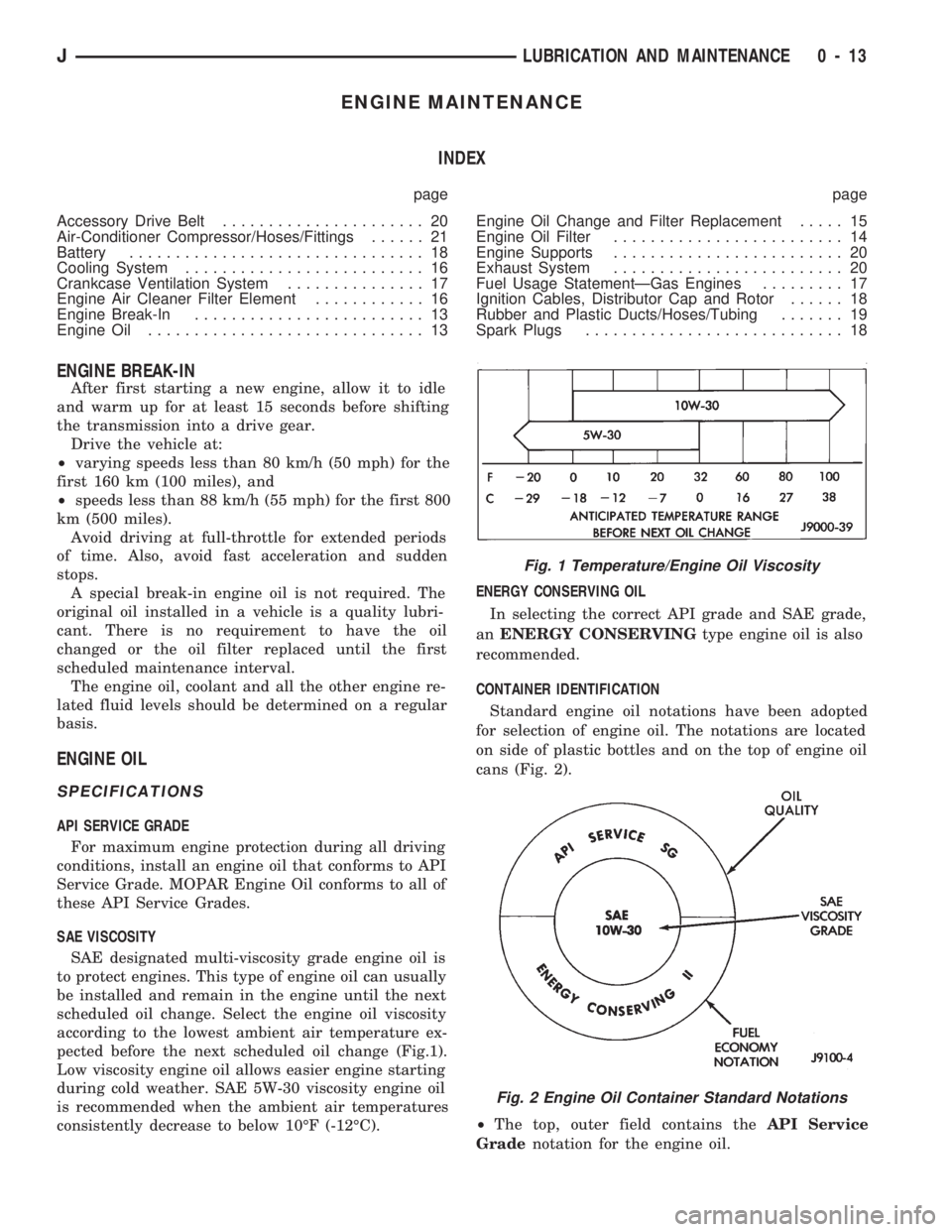 JEEP CHEROKEE 1994  Service Repair Manual ENGINE MAINTENANCE
INDEX
page page
Accessory Drive Belt...................... 20
Air-Conditioner Compressor/Hoses/Fittings...... 21
Battery................................ 18
Cooling System...........