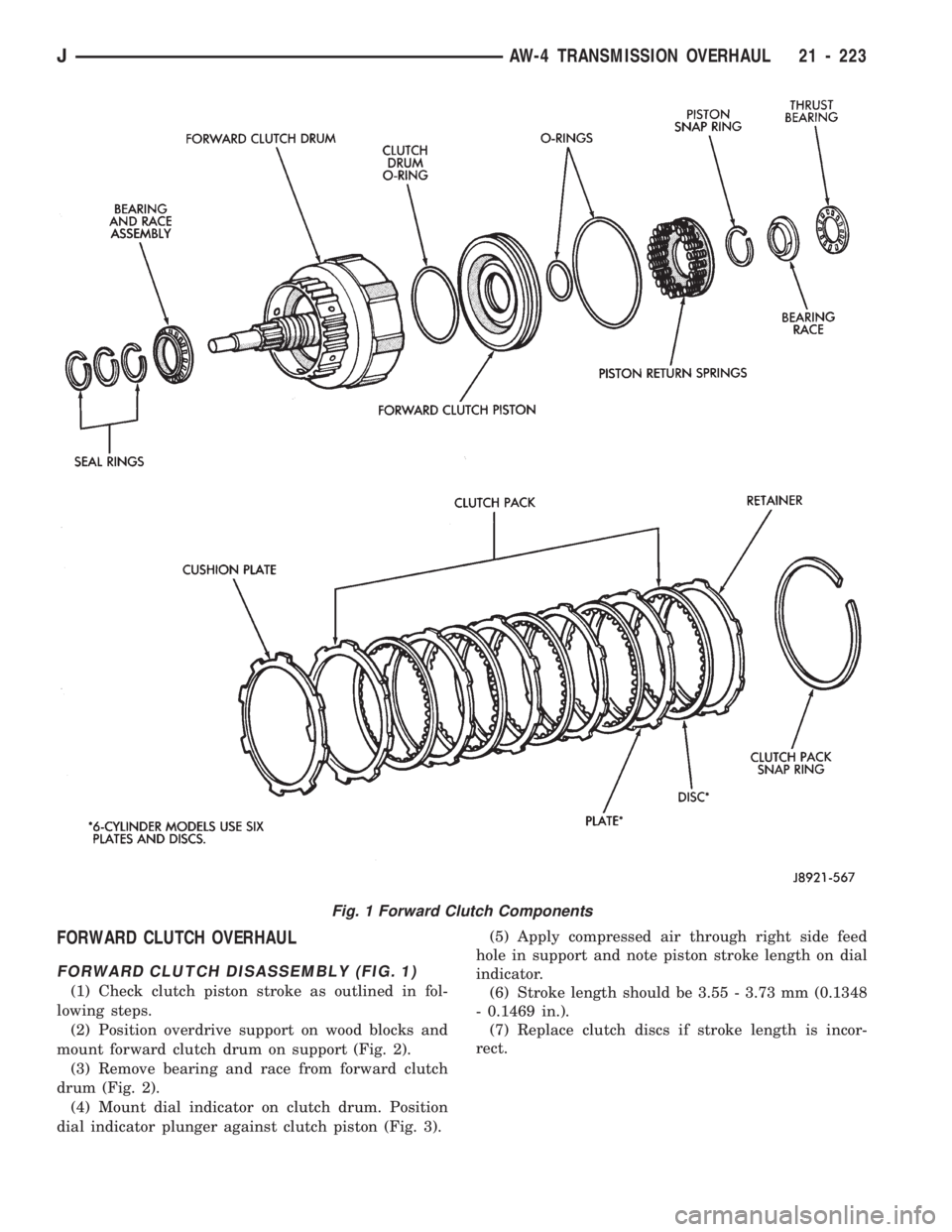 JEEP CHEROKEE 1994  Service Repair Manual FORWARD CLUTCH OVERHAUL
FORWARD CLUTCH DISASSEMBLY (FIG. 1)
(1) Check clutch piston stroke as outlined in fol-
lowing steps.
(2) Position overdrive support on wood blocks and
mount forward clutch drum