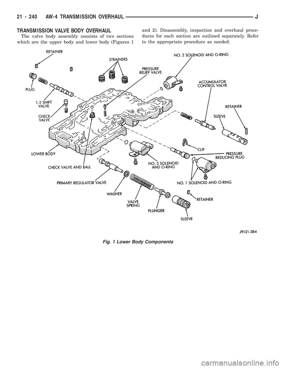JEEP CHEROKEE 1994  Service Repair Manual TRANSMISSION VALVE BODY OVERHAUL
The valve body assembly consists of two sections
which are the upper body and lower body (Figures 1and 2). Disassembly, inspection and overhaul proce-
dures for each s