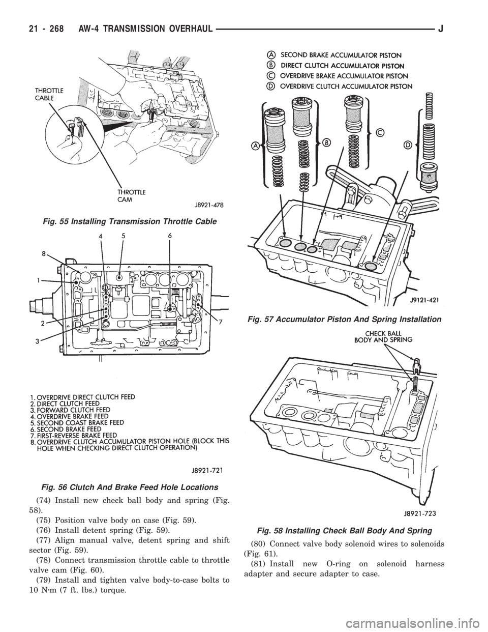 JEEP CHEROKEE 1994 Service Repair Manual (74) Install new check ball body and spring (Fig.
58).
(75) Position valve body on case (Fig. 59).
(76) Install detent spring (Fig. 59).
(77) Align manual valve, detent spring and shift
sector (Fig. 5 JEEP CHEROKEE 1994 Service Repair Manual (74) Install new check ball body and spring (Fig.
58).
(75) Position valve body on case (Fig. 59).
(76) Install detent spring (Fig. 59).
(77) Align manual valve, detent spring and shift
sector (Fig. 5