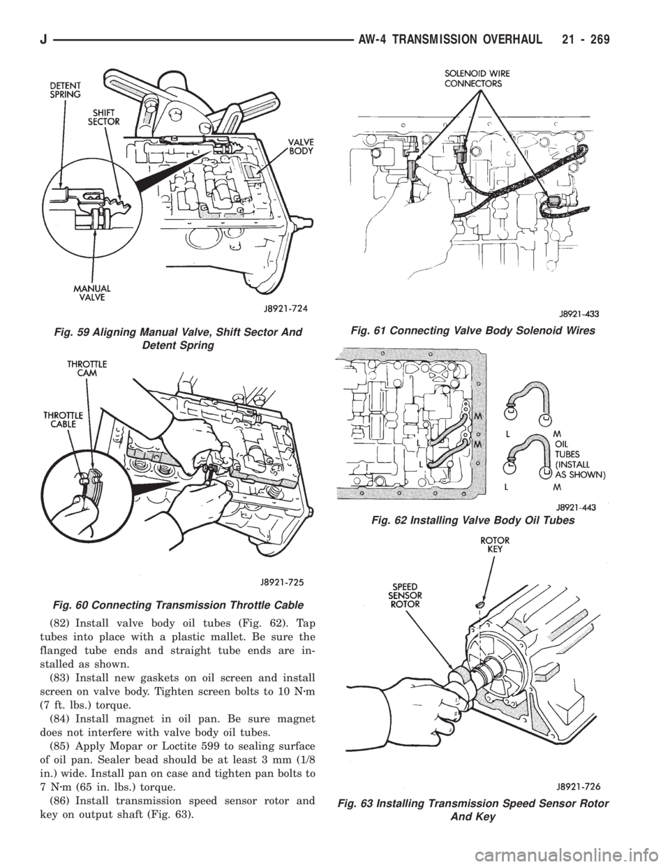 JEEP CHEROKEE 1994 Service Repair Manual (82) Install valve body oil tubes (Fig. 62). Tap
tubes into place with a plastic mallet. Be sure the
flanged tube ends and straight tube ends are in-
stalled as shown.
(83) Install new gaskets on oil JEEP CHEROKEE 1994 Service Repair Manual (82) Install valve body oil tubes (Fig. 62). Tap
tubes into place with a plastic mallet. Be sure the
flanged tube ends and straight tube ends are in-
stalled as shown.
(83) Install new gaskets on oil