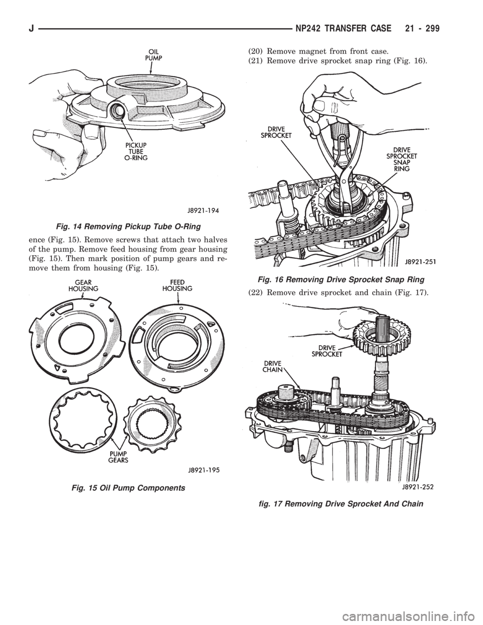 JEEP CHEROKEE 1994 Service Repair Manual ence (Fig. 15). Remove screws that attach two halves
of the pump. Remove feed housing from gear housing
(Fig. 15). Then mark position of pump gears and re-
move them from housing (Fig. 15).(20) Remove JEEP CHEROKEE 1994 Service Repair Manual ence (Fig. 15). Remove screws that attach two halves
of the pump. Remove feed housing from gear housing
(Fig. 15). Then mark position of pump gears and re-
move them from housing (Fig. 15).(20) Remove