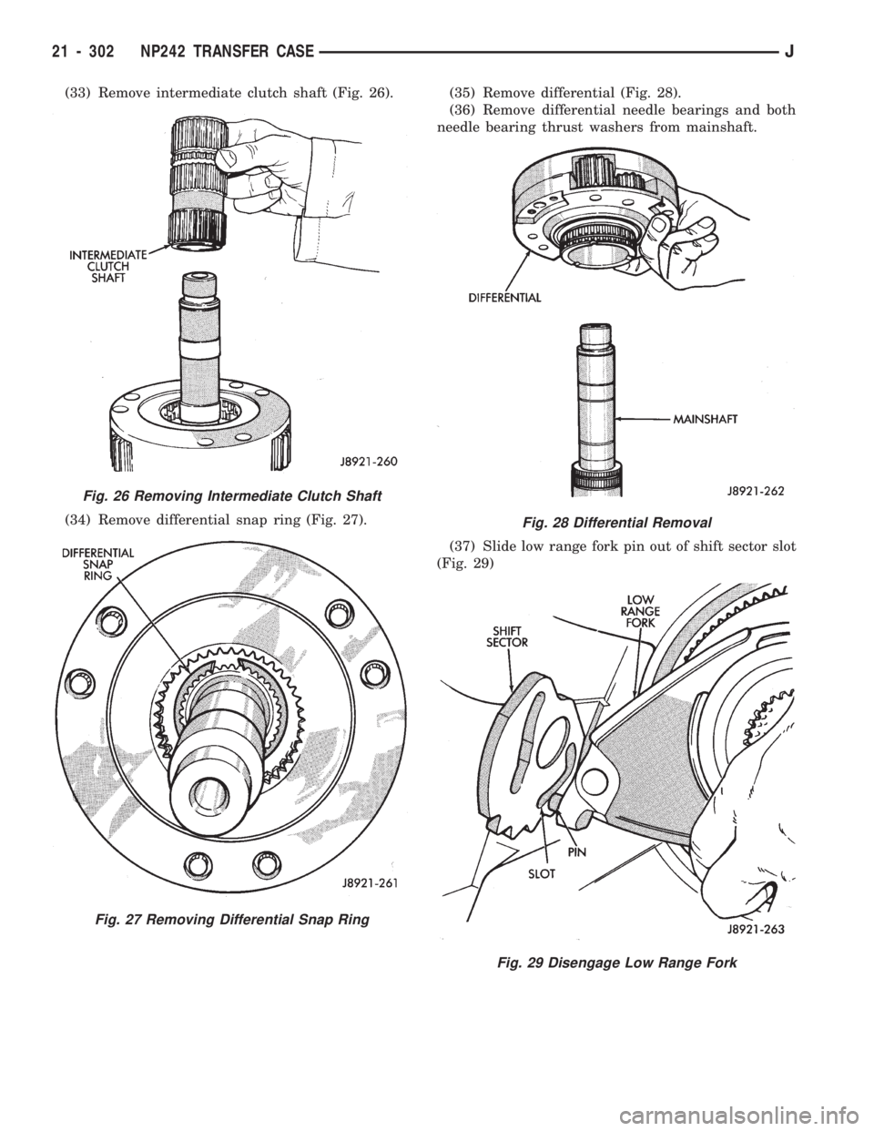 JEEP CHEROKEE 1994  Service Repair Manual (33) Remove intermediate clutch shaft (Fig. 26).
(34) Remove differential snap ring (Fig. 27).(35) Remove differential (Fig. 28).
(36) Remove differential needle bearings and both
needle bearing thrus