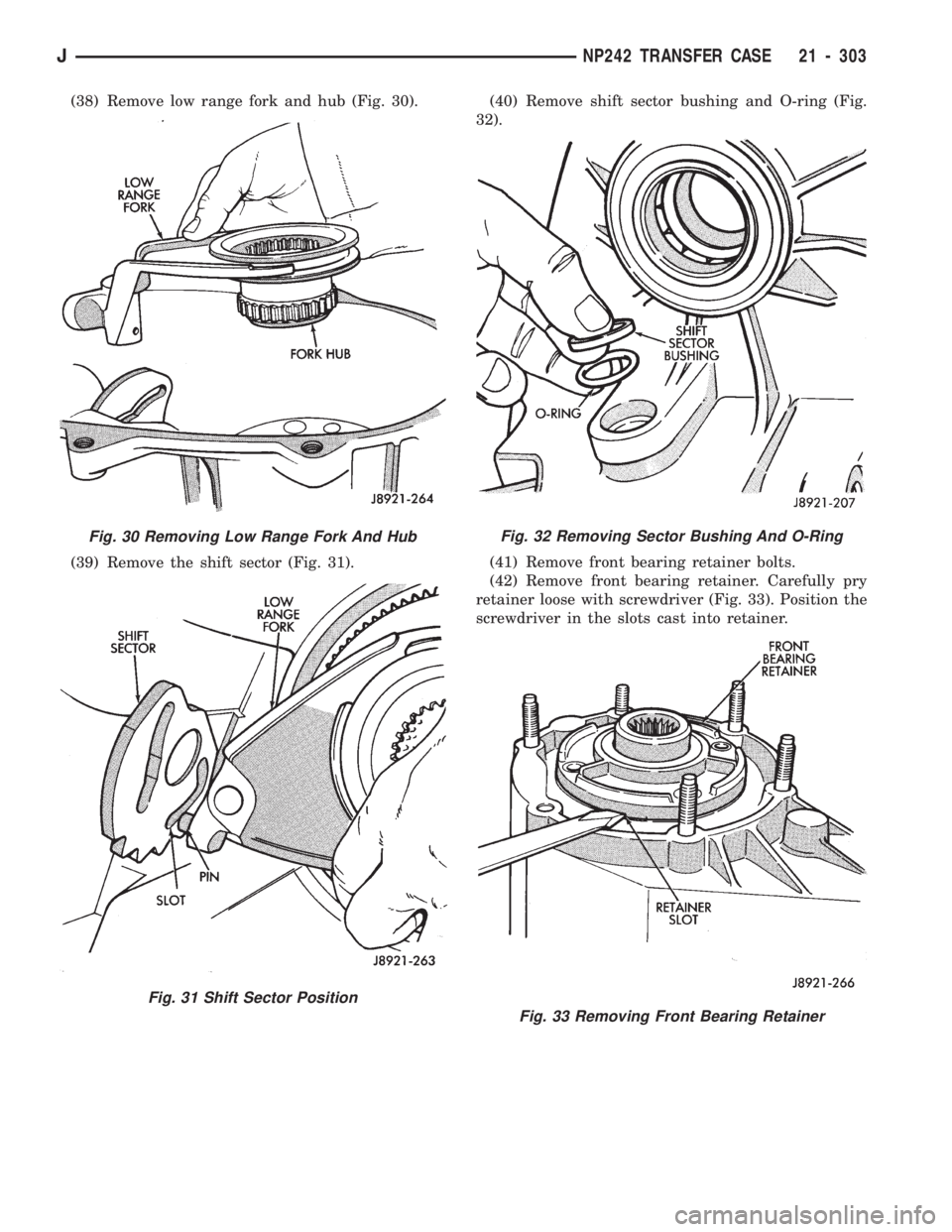 JEEP CHEROKEE 1994  Service Repair Manual (38) Remove low range fork and hub (Fig. 30).
(39) Remove the shift sector (Fig. 31).(40) Remove shift sector bushing and O-ring (Fig.
32).
(41) Remove front bearing retainer bolts.
(42) Remove front 