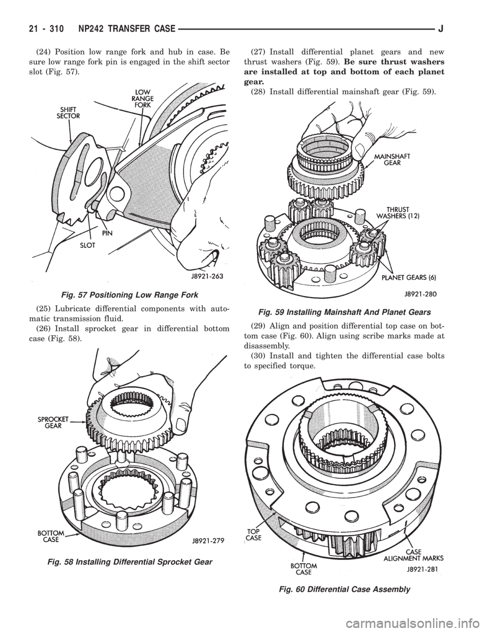 JEEP CHEROKEE 1994  Service Repair Manual (24) Position low range fork and hub in case. Be
sure low range fork pin is engaged in the shift sector
slot (Fig. 57).
(25) Lubricate differential components with auto-
matic transmission fluid.
(26)