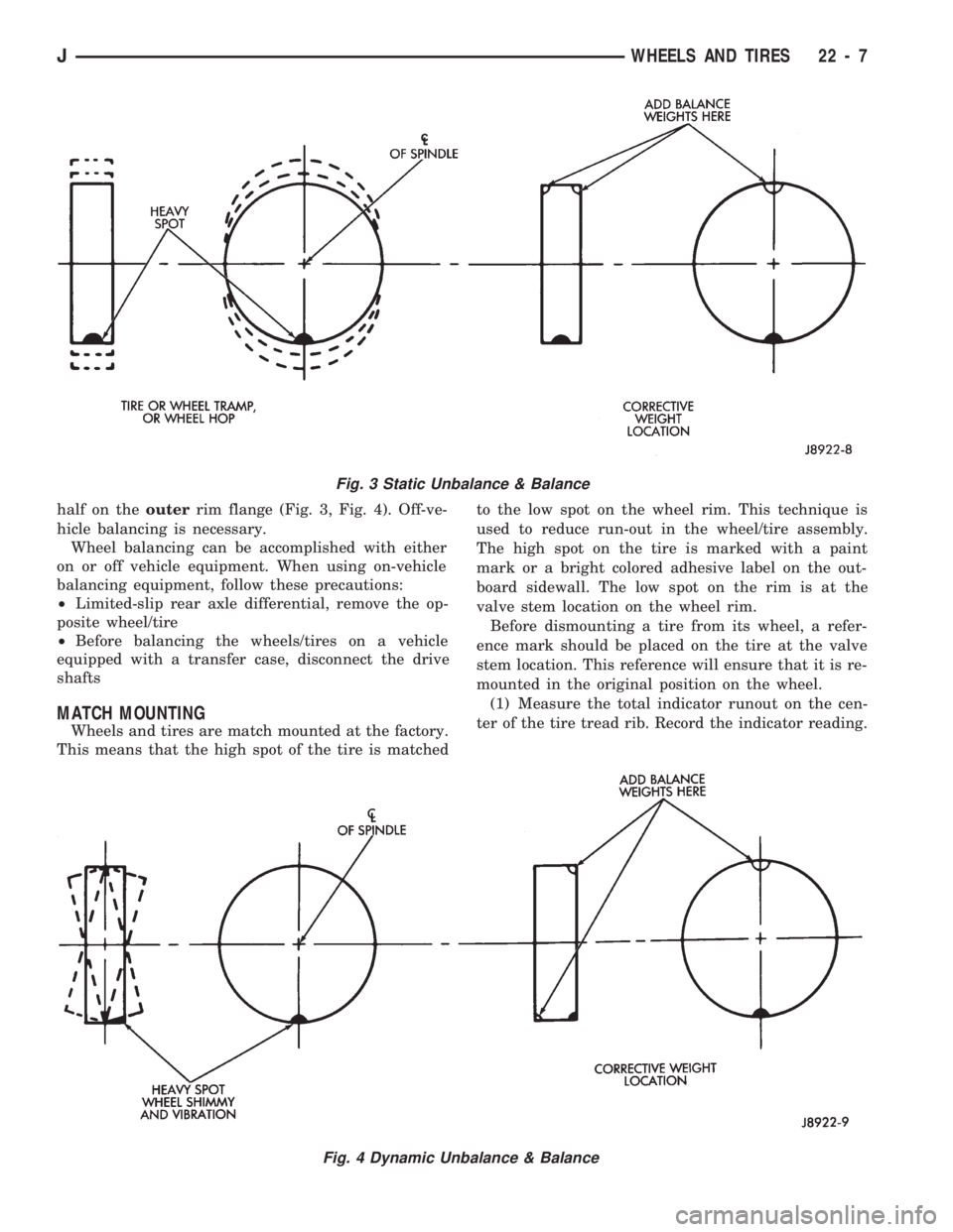 JEEP CHEROKEE 1994 Service Repair Manual half on theouterrim flange (Fig. 3, Fig. 4). Off-ve-
hicle balancing is necessary.
Wheel balancing can be accomplished with either
on or off vehicle equipment. When using on-vehicle
balancing equipmen JEEP CHEROKEE 1994 Service Repair Manual half on theouterrim flange (Fig. 3, Fig. 4). Off-ve-
hicle balancing is necessary.
Wheel balancing can be accomplished with either
on or off vehicle equipment. When using on-vehicle
balancing equipmen