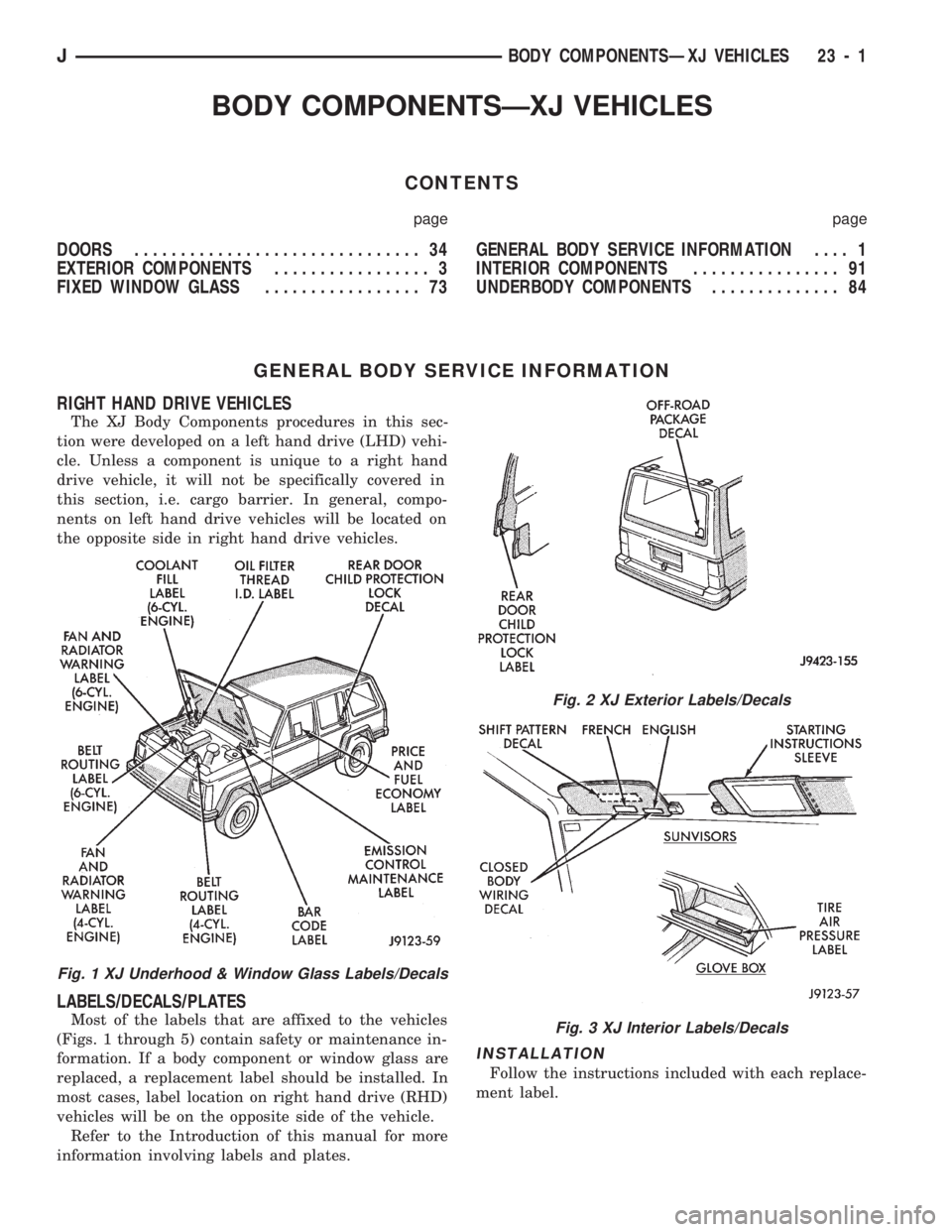 JEEP CHEROKEE 1994 Service Repair Manual BODY COMPONENTSÐXJ VEHICLES
CONTENTS
page page
DOORS............................... 34
EXTERIOR COMPONENTS................. 3
FIXED WINDOW GLASS................. 73GENERAL BODY SERVICE INFORMATION... JEEP CHEROKEE 1994 Service Repair Manual BODY COMPONENTSÐXJ VEHICLES
CONTENTS
page page
DOORS............................... 34
EXTERIOR COMPONENTS................. 3
FIXED WINDOW GLASS................. 73GENERAL BODY SERVICE INFORMATION...