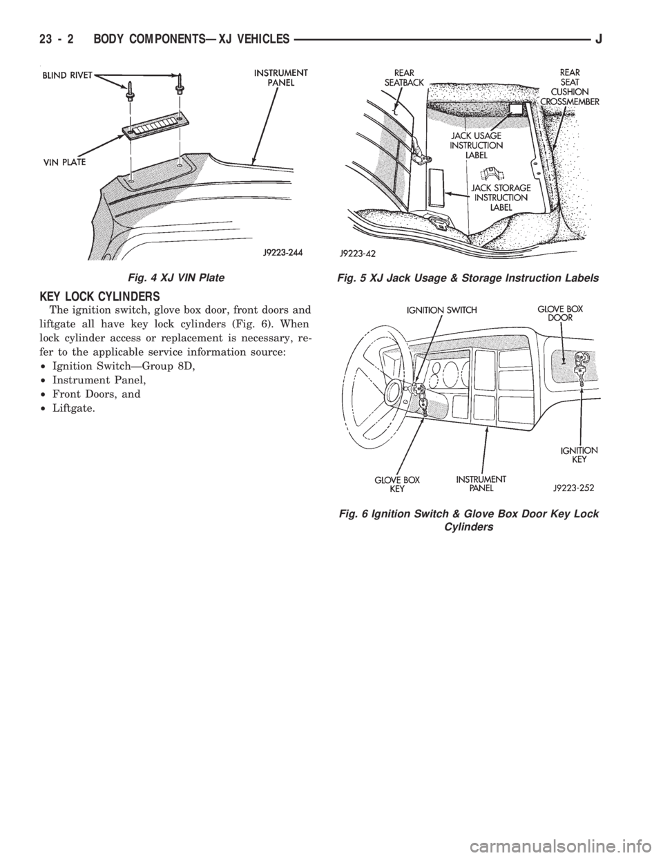 JEEP CHEROKEE 1994 Service Repair Manual KEY LOCK CYLINDERS
The ignition switch, glove box door, front doors and
liftgate all have key lock cylinders (Fig. 6). When
lock cylinder access or replacement is necessary, re-
fer to the applicable JEEP CHEROKEE 1994 Service Repair Manual KEY LOCK CYLINDERS
The ignition switch, glove box door, front doors and
liftgate all have key lock cylinders (Fig. 6). When
lock cylinder access or replacement is necessary, re-
fer to the applicable