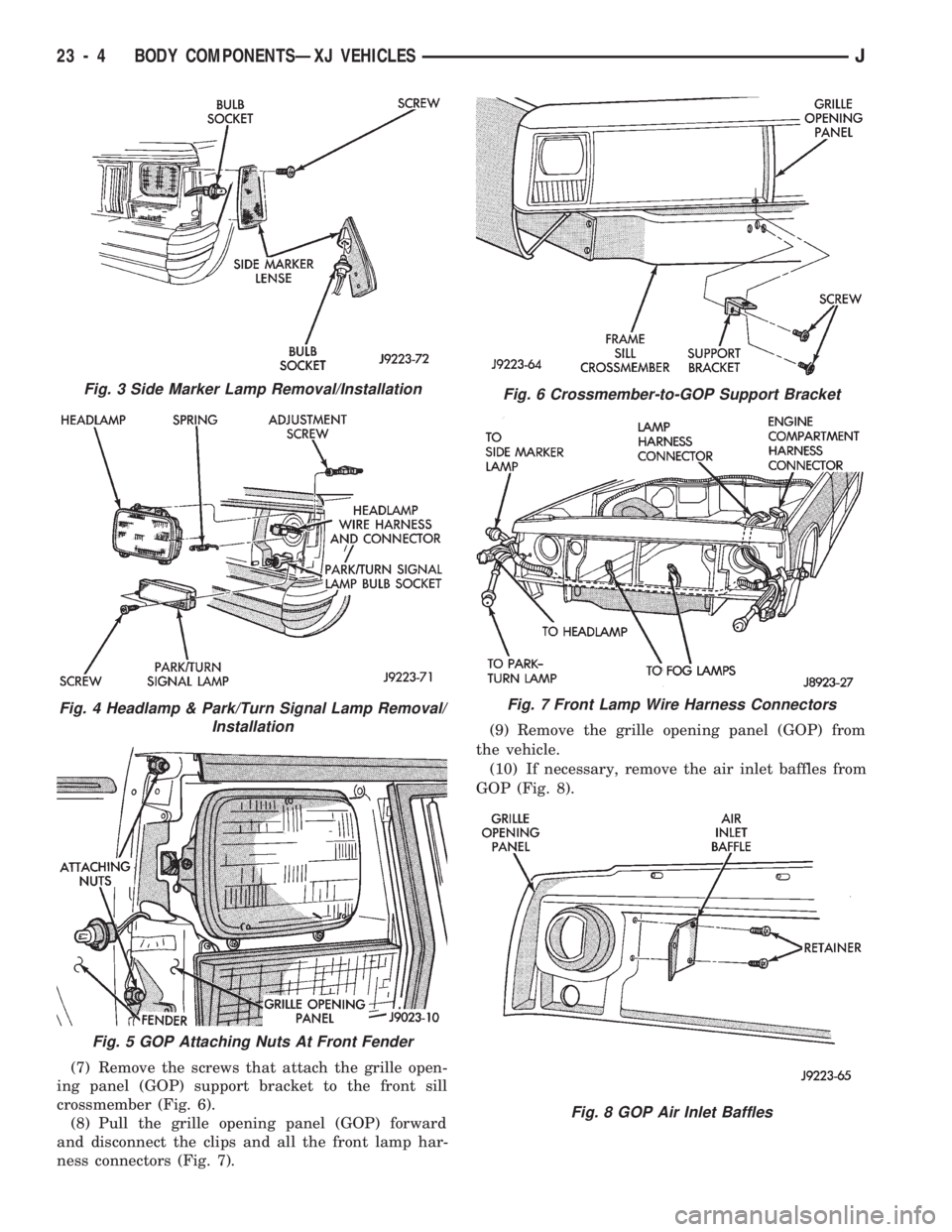 JEEP CHEROKEE 1994 Service Repair Manual (7) Remove the screws that attach the grille open-
ing panel (GOP) support bracket to the front sill
crossmember (Fig. 6).
(8) Pull the grille opening panel (GOP) forward
and disconnect the clips and JEEP CHEROKEE 1994 Service Repair Manual (7) Remove the screws that attach the grille open-
ing panel (GOP) support bracket to the front sill
crossmember (Fig. 6).
(8) Pull the grille opening panel (GOP) forward
and disconnect the clips and