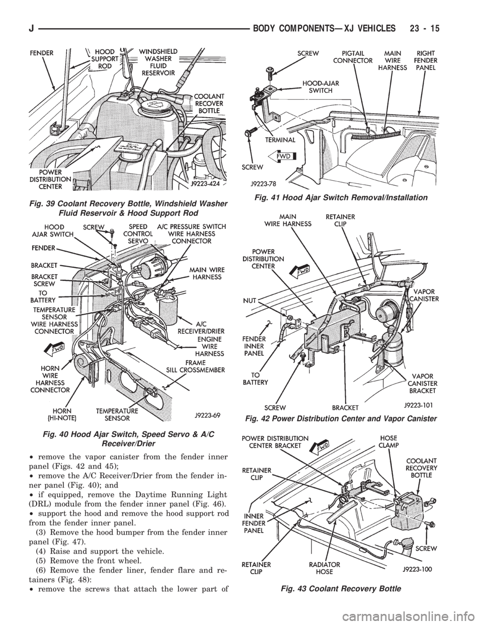JEEP CHEROKEE 1994 Service Repair Manual ²remove the vapor canister from the fender inner
panel (Figs. 42 and 45);
²remove the A/C Receiver/Drier from the fender in-
ner panel (Fig. 40); and
²if equipped, remove the Daytime Running Light
JEEP CHEROKEE 1994 Service Repair Manual ²remove the vapor canister from the fender inner
panel (Figs. 42 and 45);
²remove the A/C Receiver/Drier from the fender in-
ner panel (Fig. 40); and
²if equipped, remove the Daytime Running Light