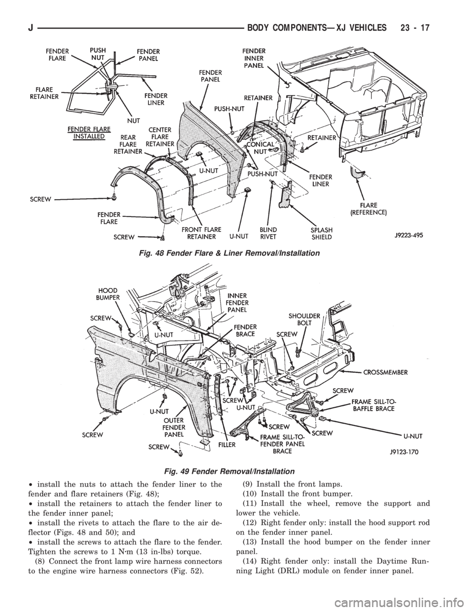 JEEP CHEROKEE 1994  Service Repair Manual ²install the nuts to attach the fender liner to the
fender and flare retainers (Fig. 48);
²install the retainers to attach the fender liner to
the fender inner panel;
²install the rivets to attach 