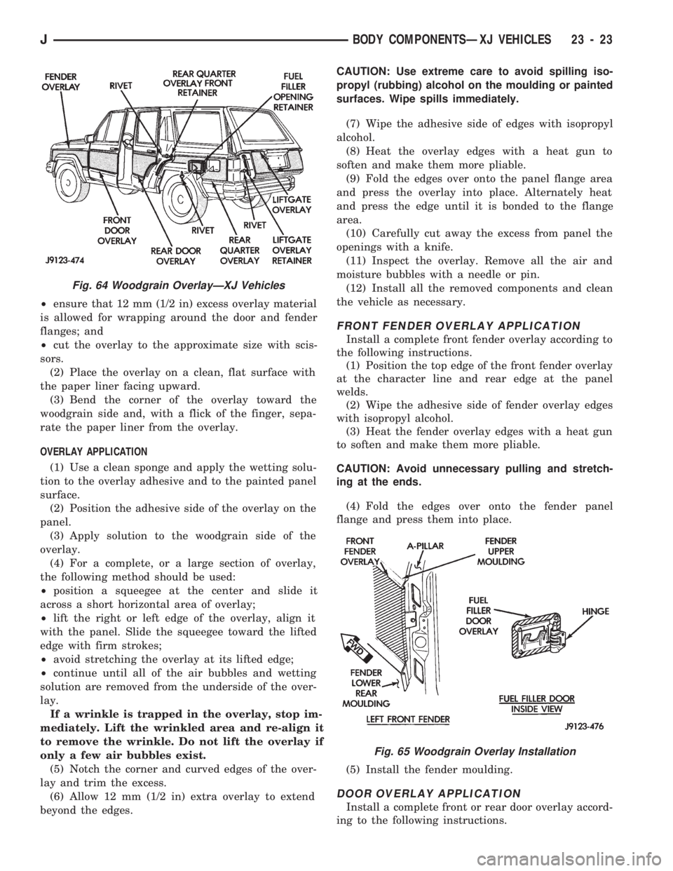 JEEP CHEROKEE 1994  Service Repair Manual ²ensure that 12 mm (1/2 in) excess overlay material
is allowed for wrapping around the door and fender
flanges; and
²cut the overlay to the approximate size with scis-
sors.
(2) Place the overlay on