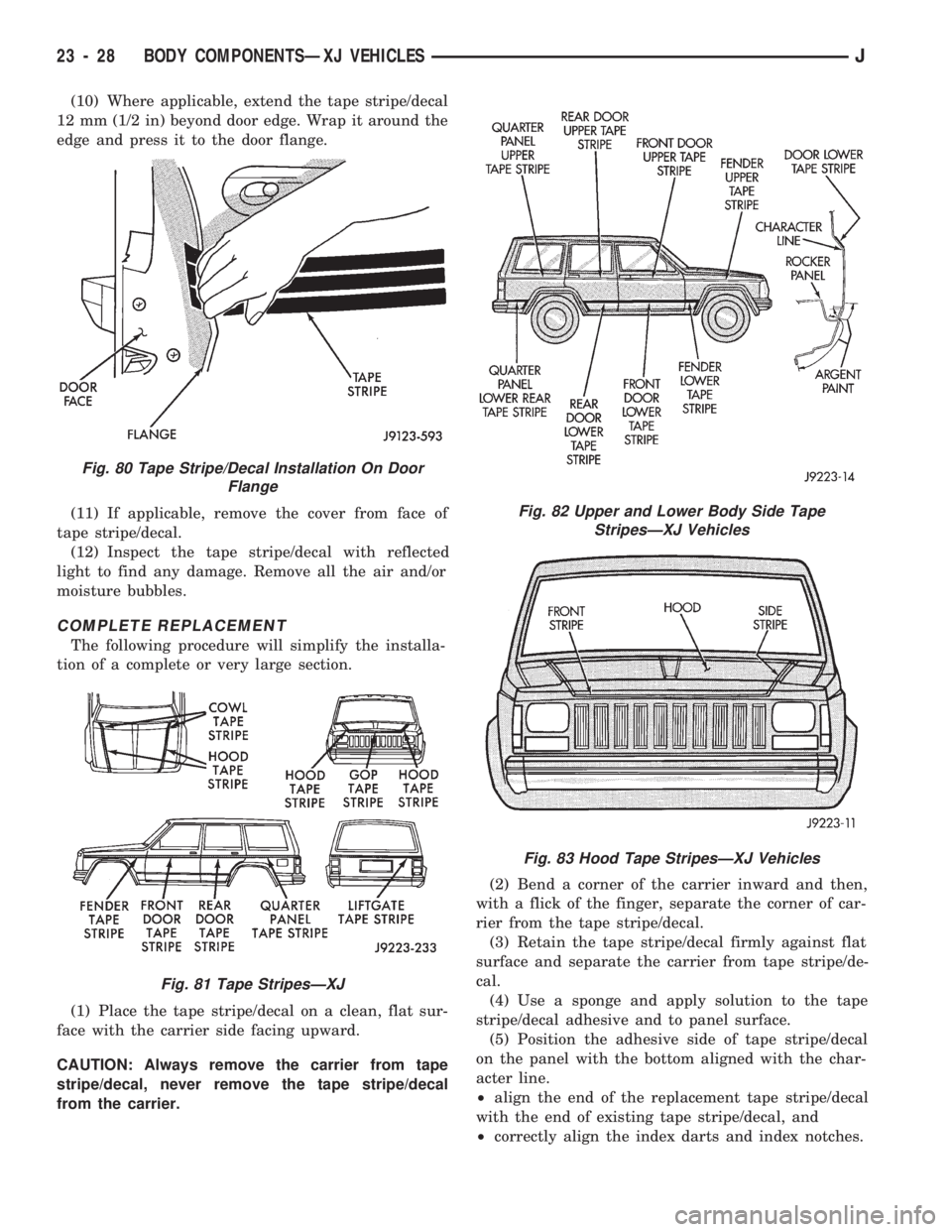 JEEP CHEROKEE 1994 Service Repair Manual (10) Where applicable, extend the tape stripe/decal
12 mm (1/2 in) beyond door edge. Wrap it around the
edge and press it to the door flange.
(11) If applicable, remove the cover from face of
tape str JEEP CHEROKEE 1994 Service Repair Manual (10) Where applicable, extend the tape stripe/decal
12 mm (1/2 in) beyond door edge. Wrap it around the
edge and press it to the door flange.
(11) If applicable, remove the cover from face of
tape str