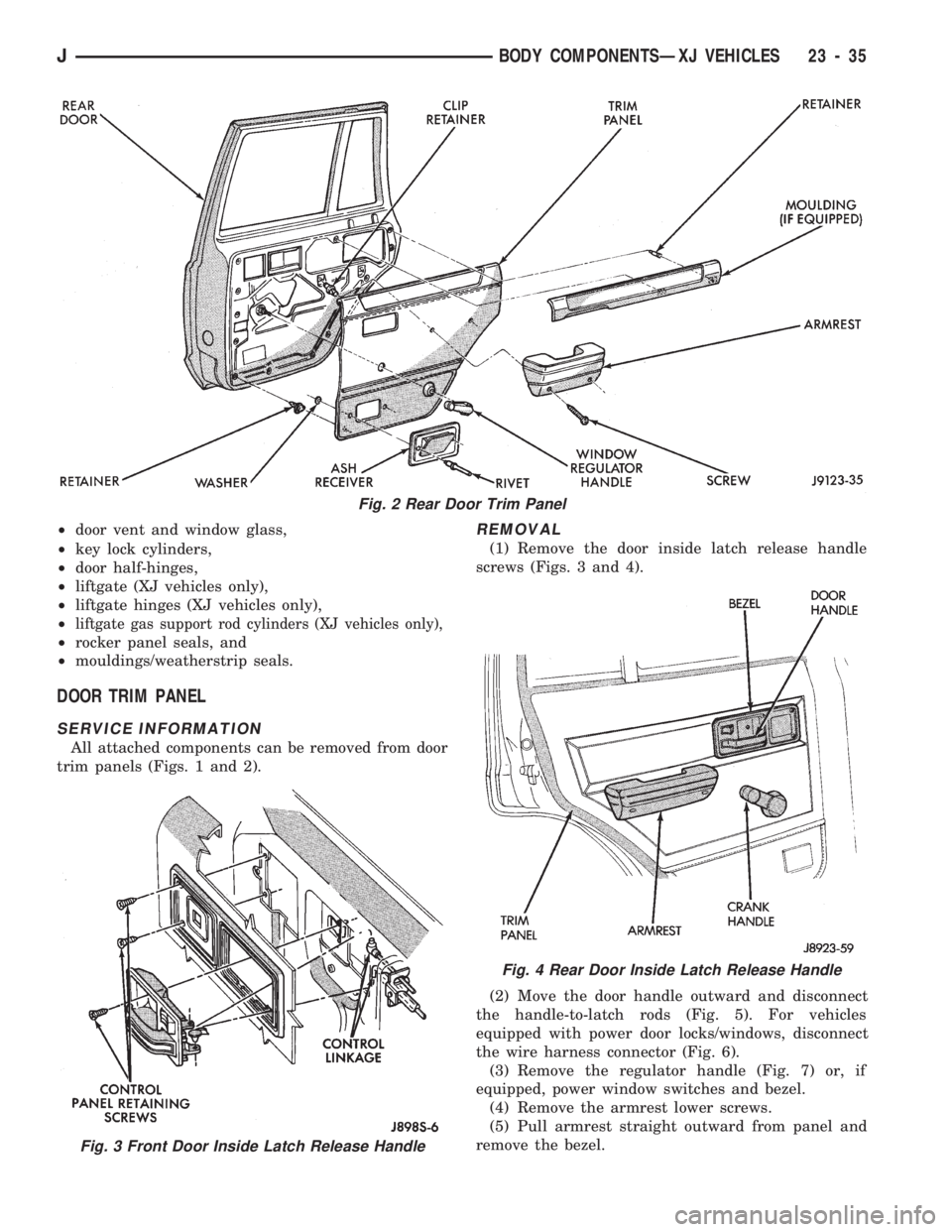 JEEP CHEROKEE 1994 Service Repair Manual ²door vent and window glass,
²key lock cylinders,
²door half-hinges,
²liftgate (XJ vehicles only),
²liftgate hinges (XJ vehicles only),
²
liftgate gas support rod cylinders (XJ vehicles only),
JEEP CHEROKEE 1994 Service Repair Manual ²door vent and window glass,
²key lock cylinders,
²door half-hinges,
²liftgate (XJ vehicles only),
²liftgate hinges (XJ vehicles only),
²
liftgate gas support rod cylinders (XJ vehicles only),