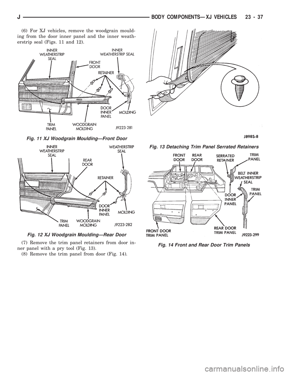 JEEP CHEROKEE 1994  Service Repair Manual (6) For XJ vehicles, remove the woodgrain mould-
ing from the door inner panel and the inner weath-
erstrip seal (Figs. 11 and 12).
(7) Remove the trim panel retainers from door in-
ner panel with a p