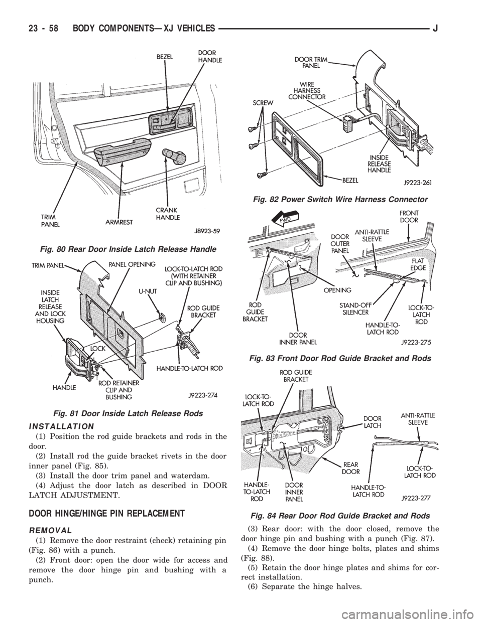 JEEP CHEROKEE 1994 Service Repair Manual INSTALLATION
(1) Position the rod guide brackets and rods in the
door.
(2) Install rod the guide bracket rivets in the door
inner panel (Fig. 85).
(3) Install the door trim panel and waterdam.
(4) Adj JEEP CHEROKEE 1994 Service Repair Manual INSTALLATION
(1) Position the rod guide brackets and rods in the
door.
(2) Install rod the guide bracket rivets in the door
inner panel (Fig. 85).
(3) Install the door trim panel and waterdam.
(4) Adj