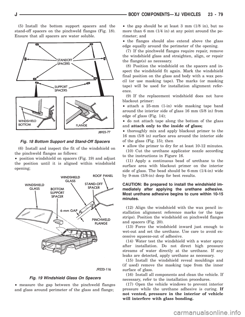 JEEP CHEROKEE 1994  Service Repair Manual (5) Install the bottom support spacers and the
stand-off spacers on the pinchweld flanges (Fig. 18).
Ensure that all spacers are water soluble.
(6) Install and inspect the fit of the windshield on
the